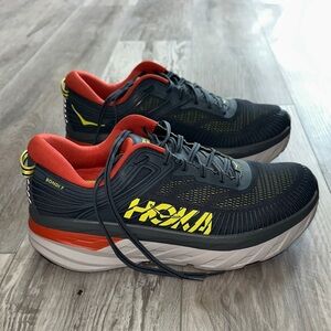 EUC! Hoka Men's Bondi 7 Shoes - Black, Red, and Yellow, no wear on upper!